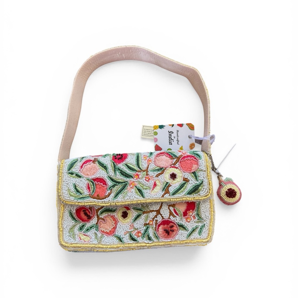 Floral Peach Beaded Shoulder Bag in Pink.  With Charm.